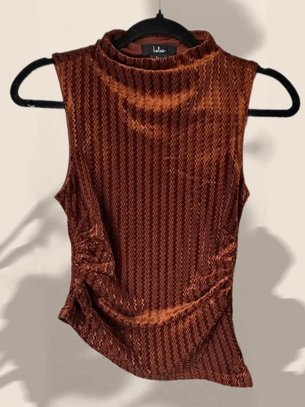 Lulu's Deep Copper-Rust Velvet asymmetrical Mock Neck Tank with Side Zipper